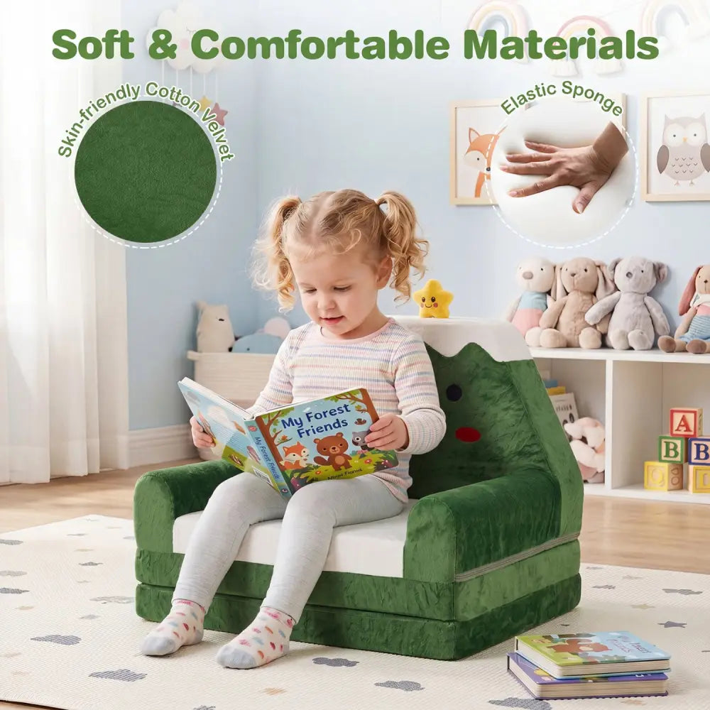 2-in-1 Convertible Kids Sofa to Lounger with Christmas Patterns-Green - Green - Kids Chairs & Seating