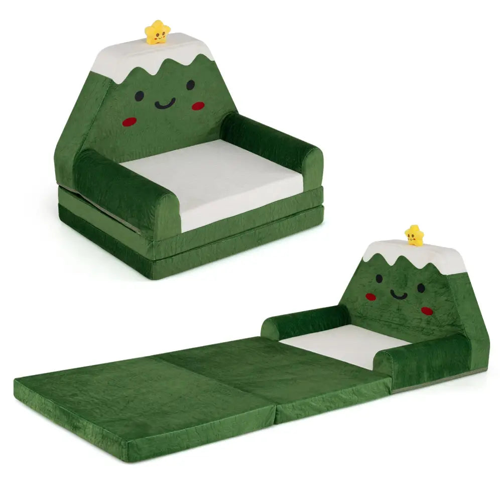 2-in-1 Convertible Kids Sofa to Lounger with Christmas Patterns-Green - Green - Kids Chairs & Seating