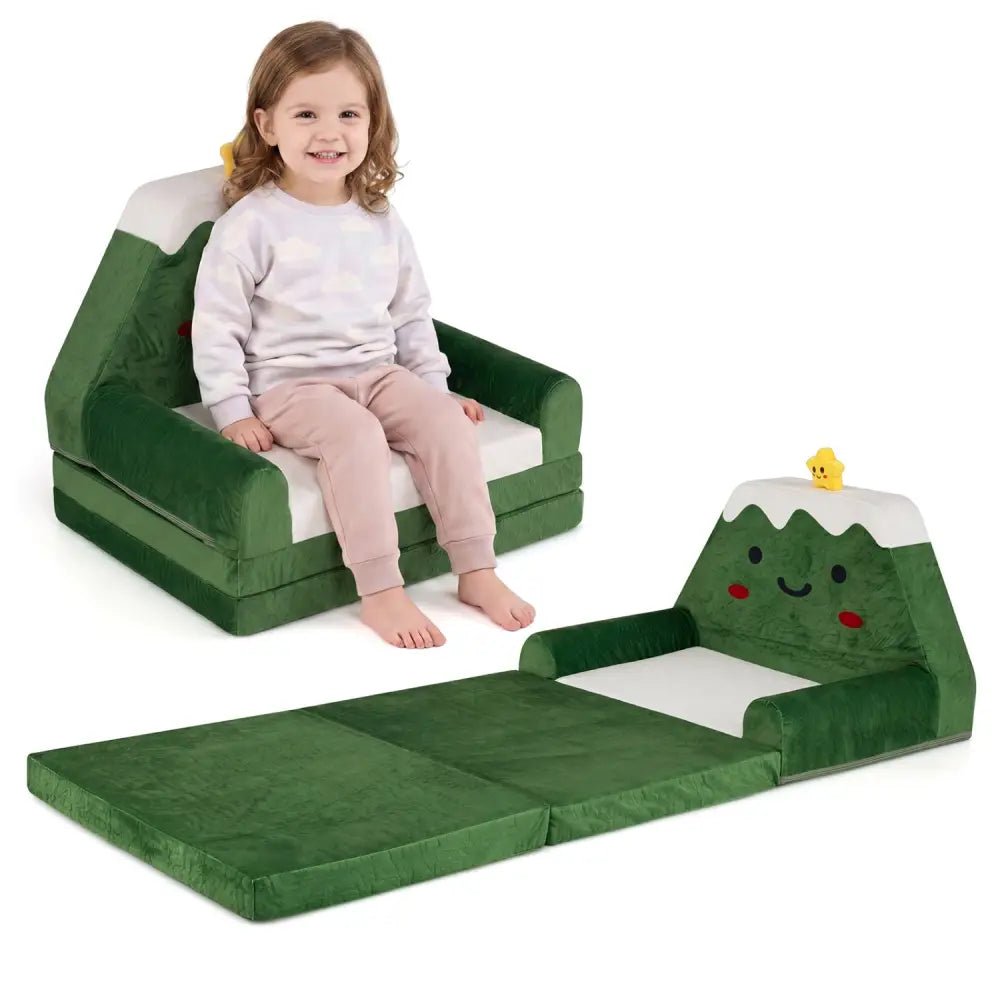 2-in-1 Convertible Kids Sofa to Lounger with Christmas Patterns-Green - Green - Kids Chairs & Seating