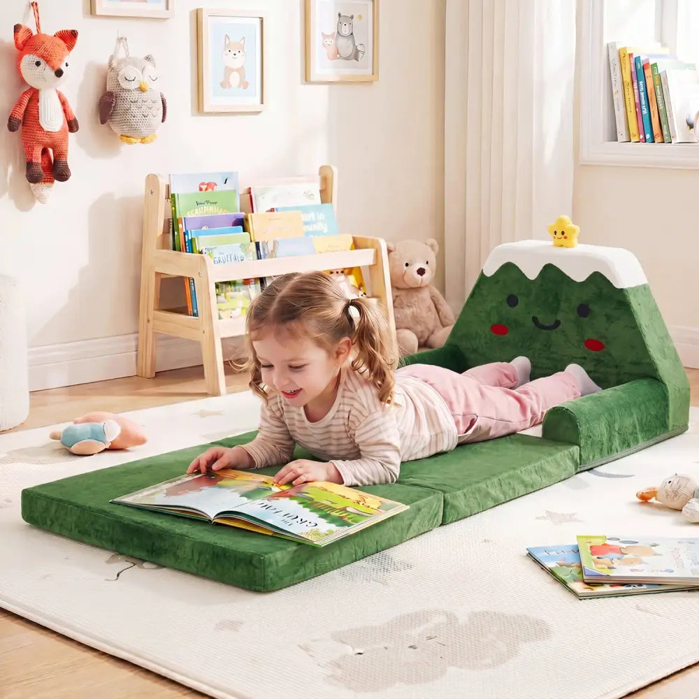 2-in-1 Convertible Kids Sofa to Lounger with Christmas Patterns-Green - Green - Kids Chairs & Seating