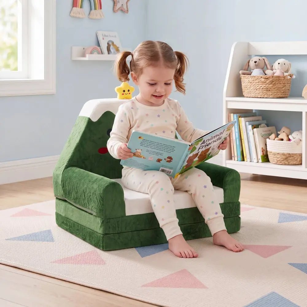 2-in-1 Convertible Kids Sofa to Lounger with Christmas Patterns-Green - Green - Kids Chairs & Seating