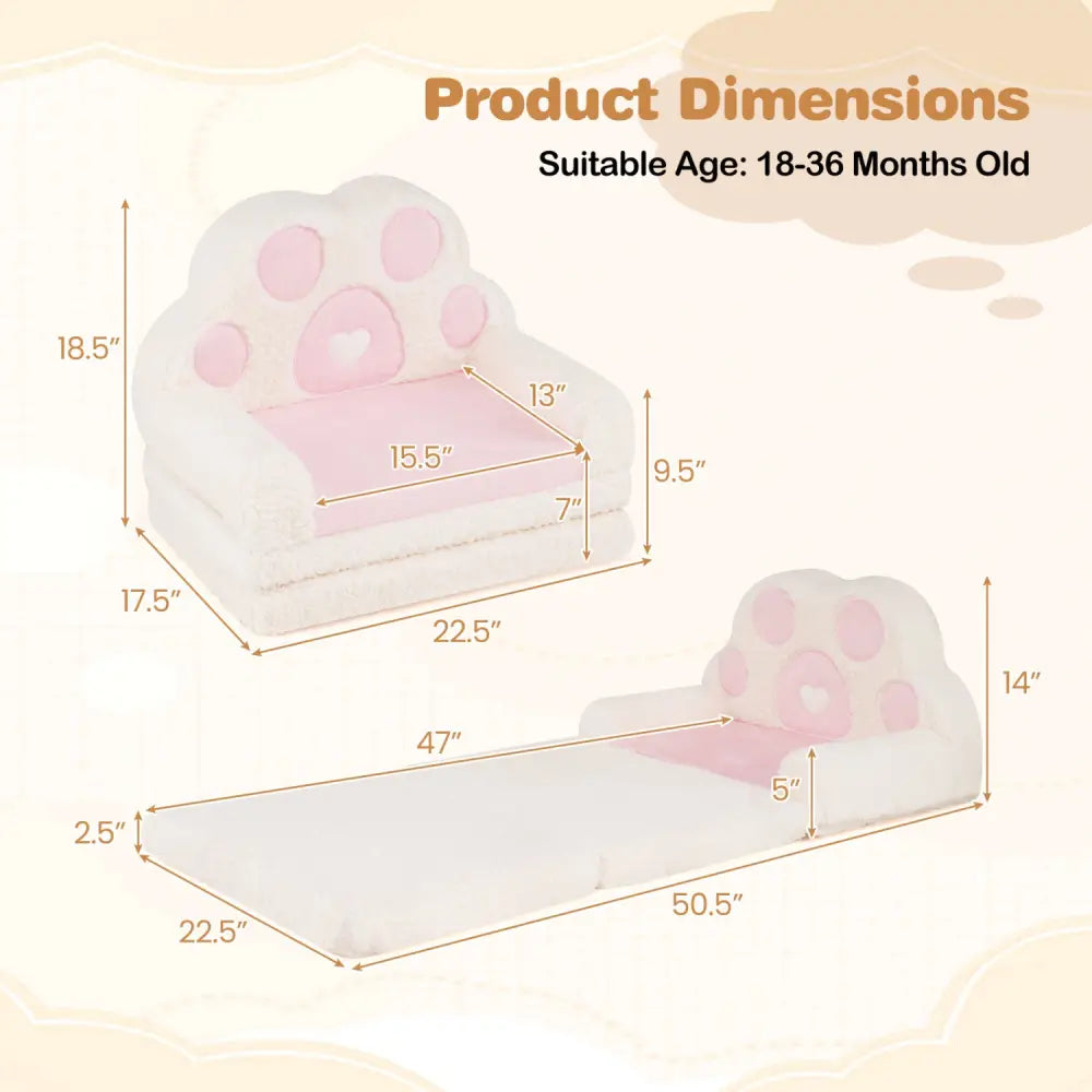 2-in-1 Convertible Kids Sofa to Lounger with Removable Cover-Pink - Pink - Kids Chairs & Seating