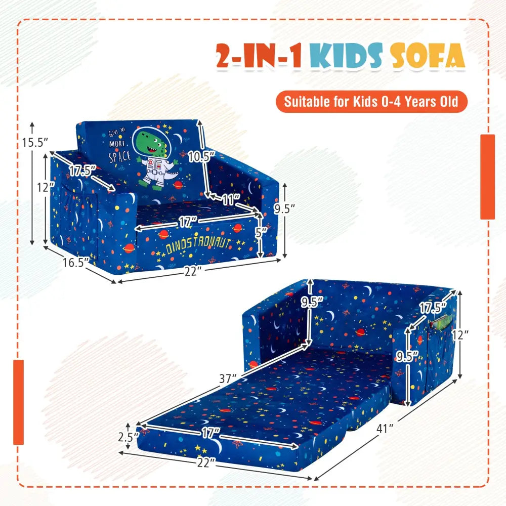 2-in-1 Convertible Kids Sofa with Velvet Fabric-Blue - Blue - Kids Chairs & Seating