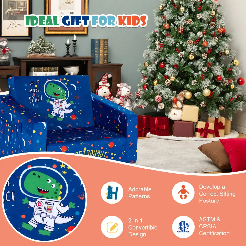 2-in-1 Convertible Kids Sofa with Velvet Fabric-Blue - Blue - Kids Chairs & Seating