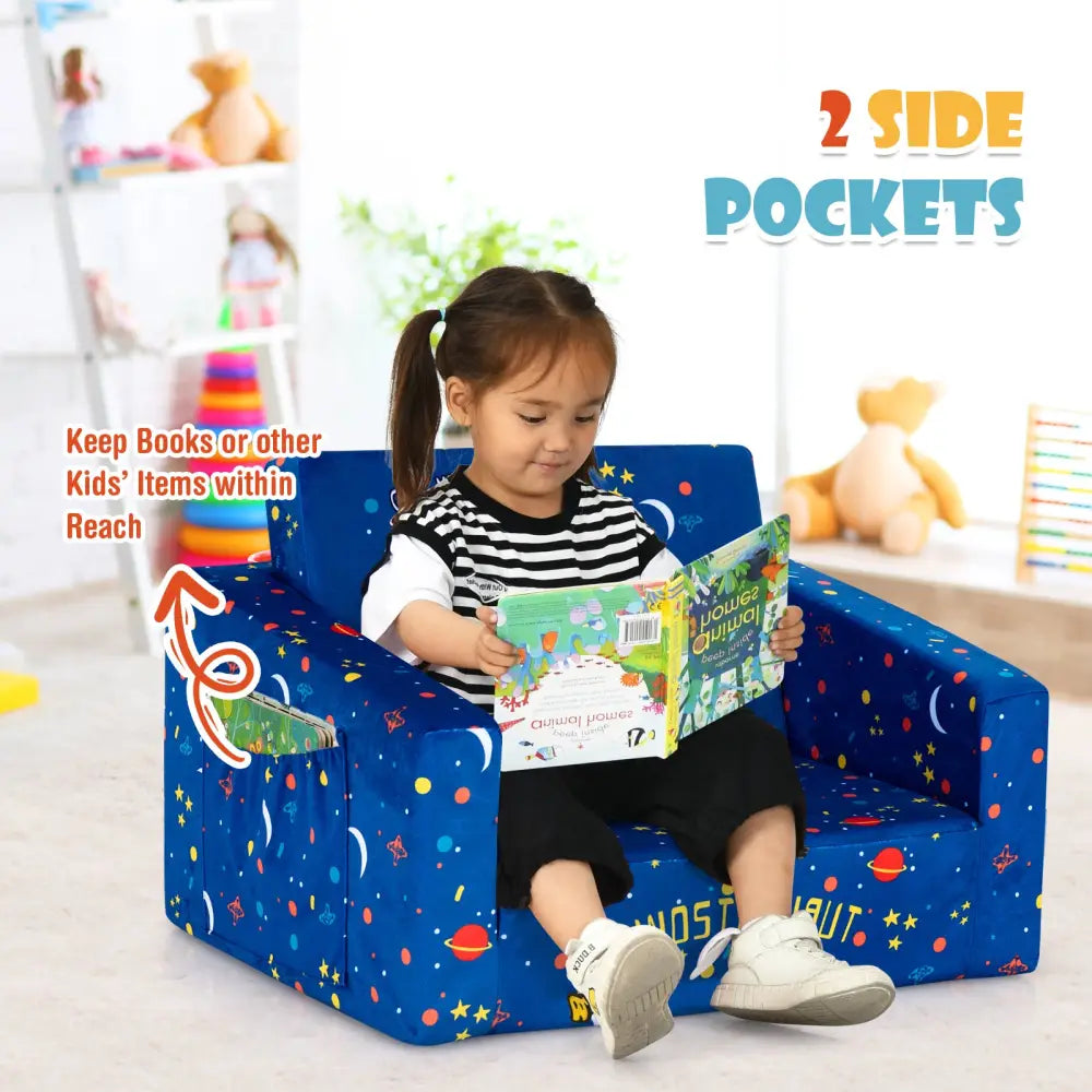 2-in-1 Convertible Kids Sofa with Velvet Fabric-Blue - Blue - Kids Chairs & Seating
