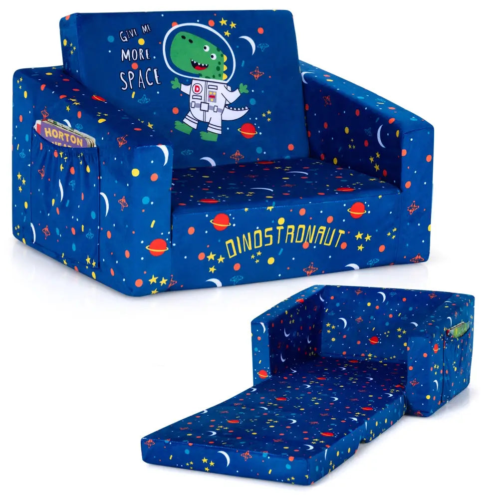 2-in-1 Convertible Kids Sofa with Velvet Fabric-Blue - Blue - Kids Chairs & Seating