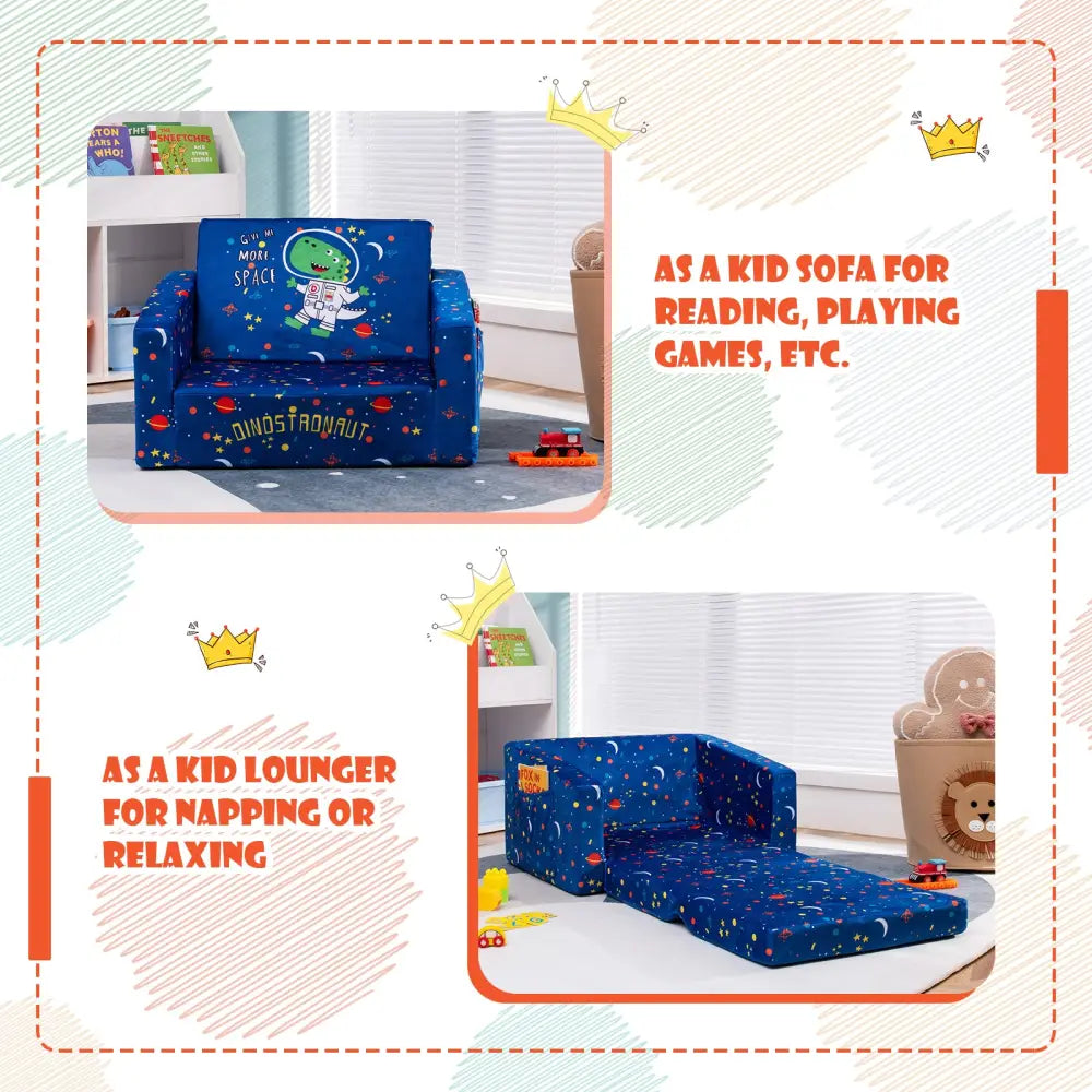 2-in-1 Convertible Kids Sofa with Velvet Fabric-Blue - Blue - Kids Chairs & Seating