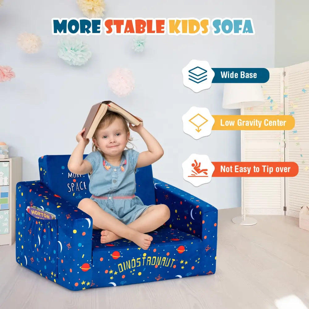 2-in-1 Convertible Kids Sofa with Velvet Fabric-Blue - Blue - Kids Chairs & Seating