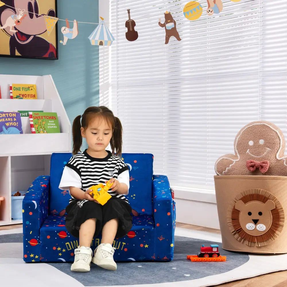 2-in-1 Convertible Kids Sofa with Velvet Fabric-Blue - Blue - Kids Chairs & Seating