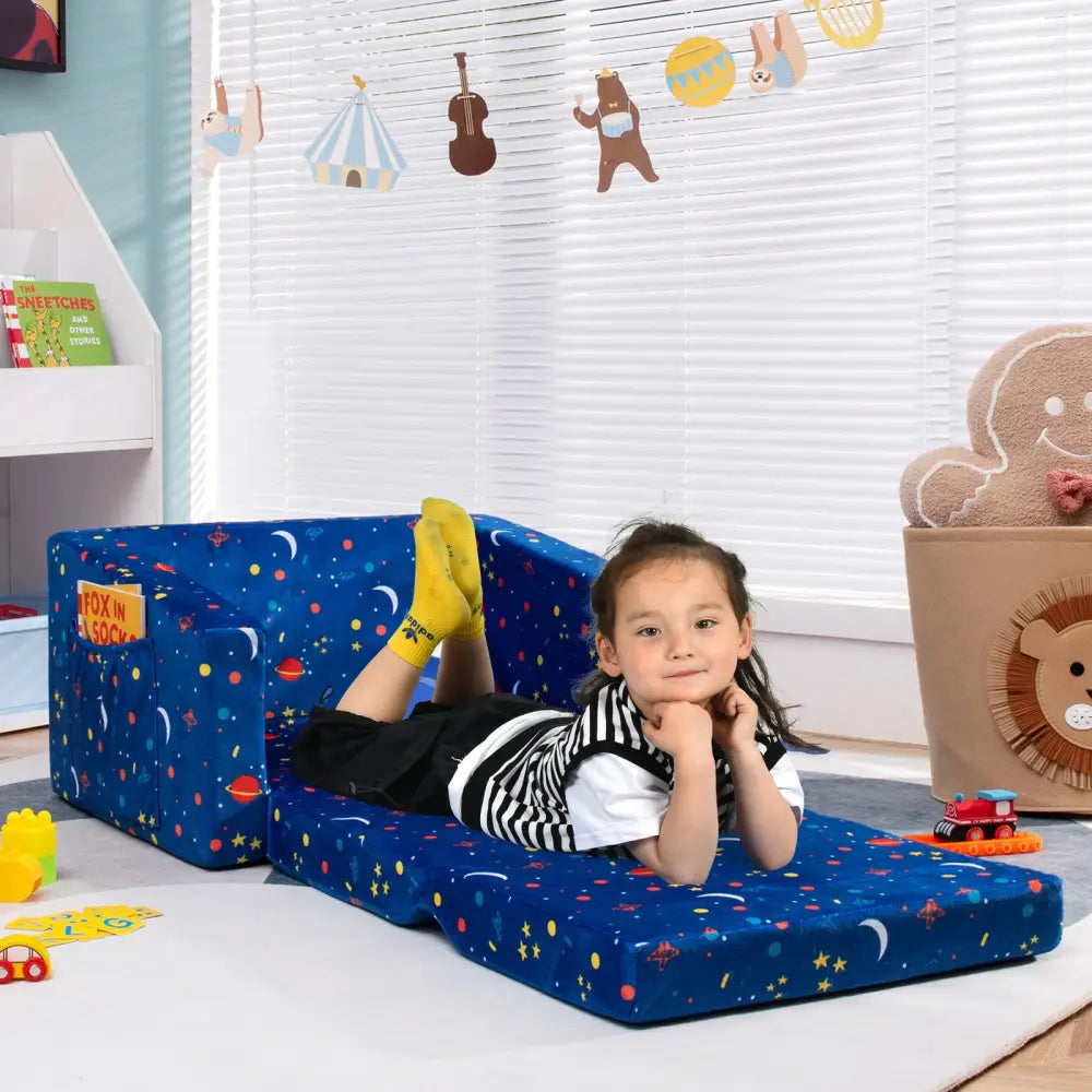 2-in-1 Convertible Kids Sofa with Velvet Fabric-Blue - Blue - Kids Chairs & Seating