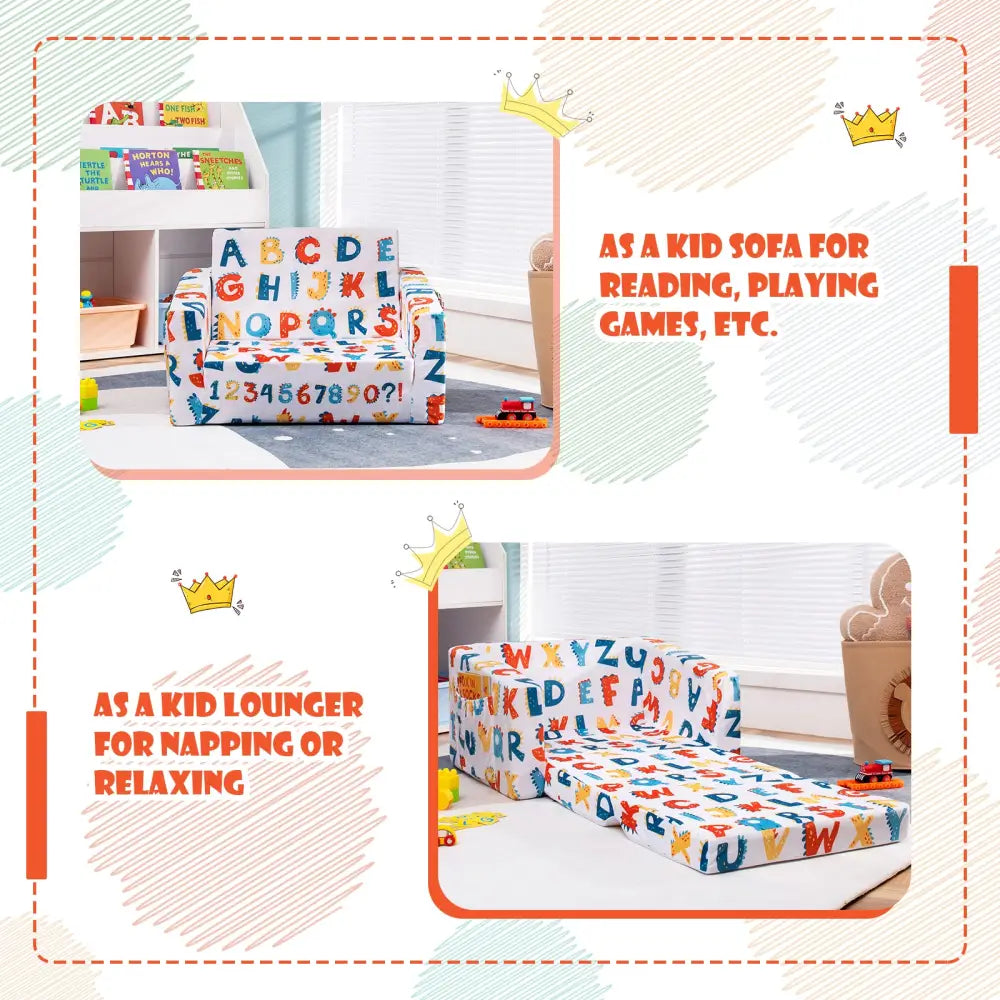 2-in-1 Convertible Kids Sofa with Velvet Fabric-Multicolor - Multicolor - Kids Chairs & Seating