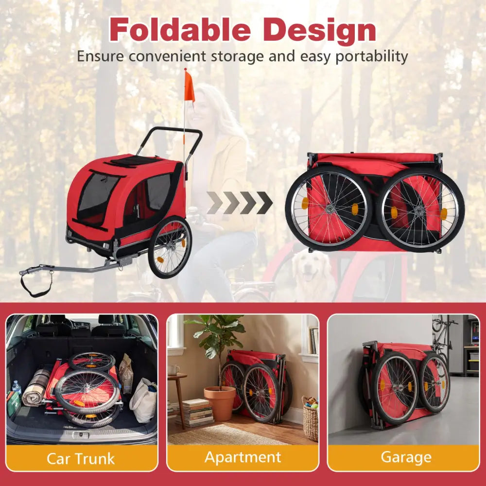 2-in-1 Dog Bike Trailer with Universal Bicycle Coupler-Red - Red - Dog Supplies