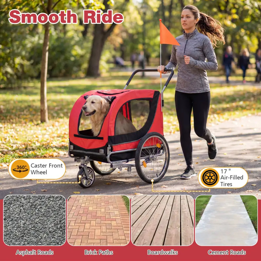 2-in-1 Dog Bike Trailer with Universal Bicycle Coupler-Red - Red - Dog Supplies