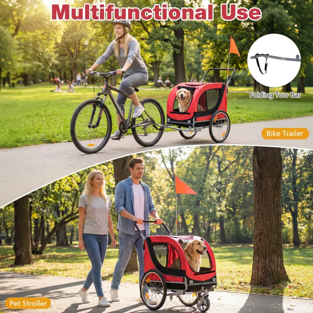 2-in-1 Dog Bike Trailer with Universal Bicycle Coupler-Red - Red - Dog Supplies