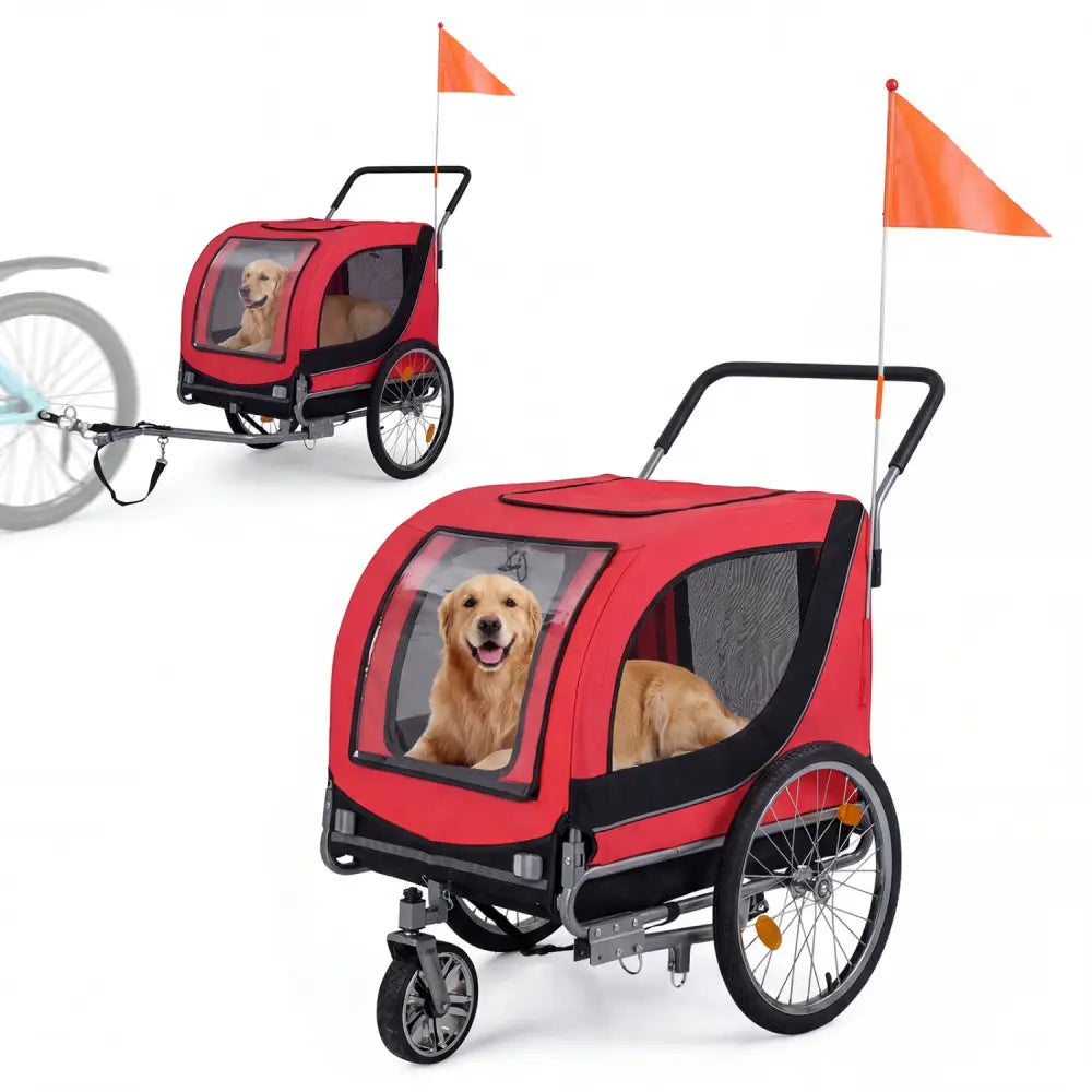 2-in-1 Dog Bike Trailer with Universal Bicycle Coupler-Red - Red - Dog Supplies