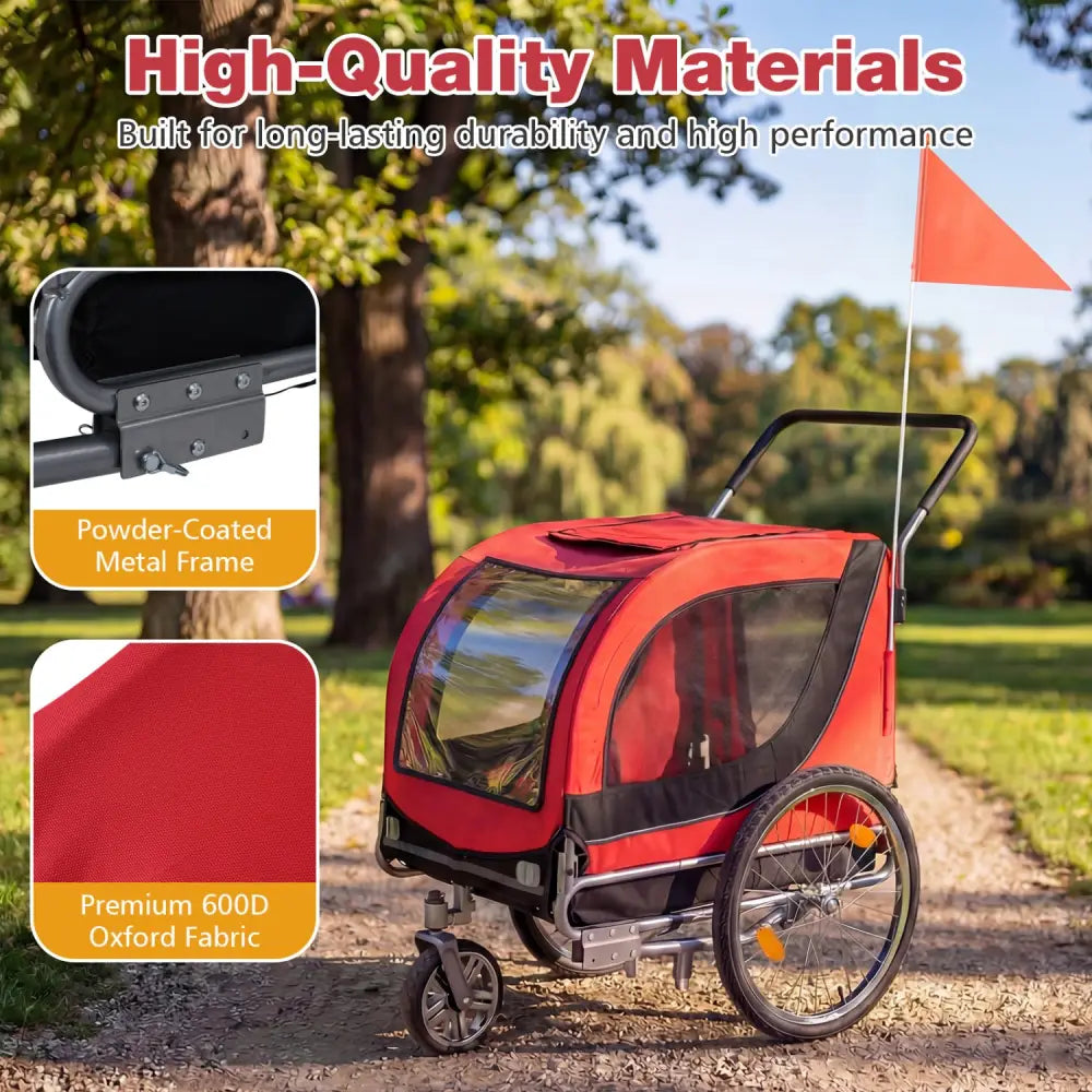 2-in-1 Dog Bike Trailer with Universal Bicycle Coupler-Red - Red - Dog Supplies