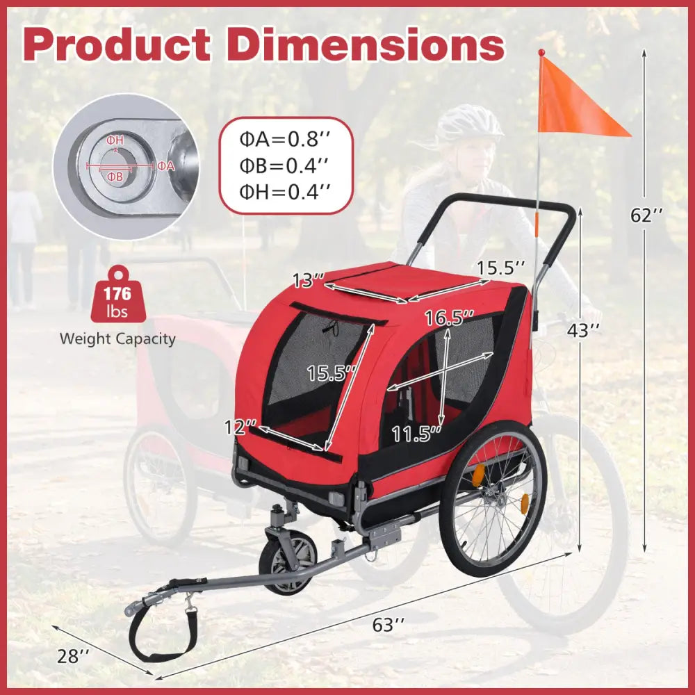 2-in-1 Dog Bike Trailer with Universal Bicycle Coupler-Red - Red - Dog Supplies
