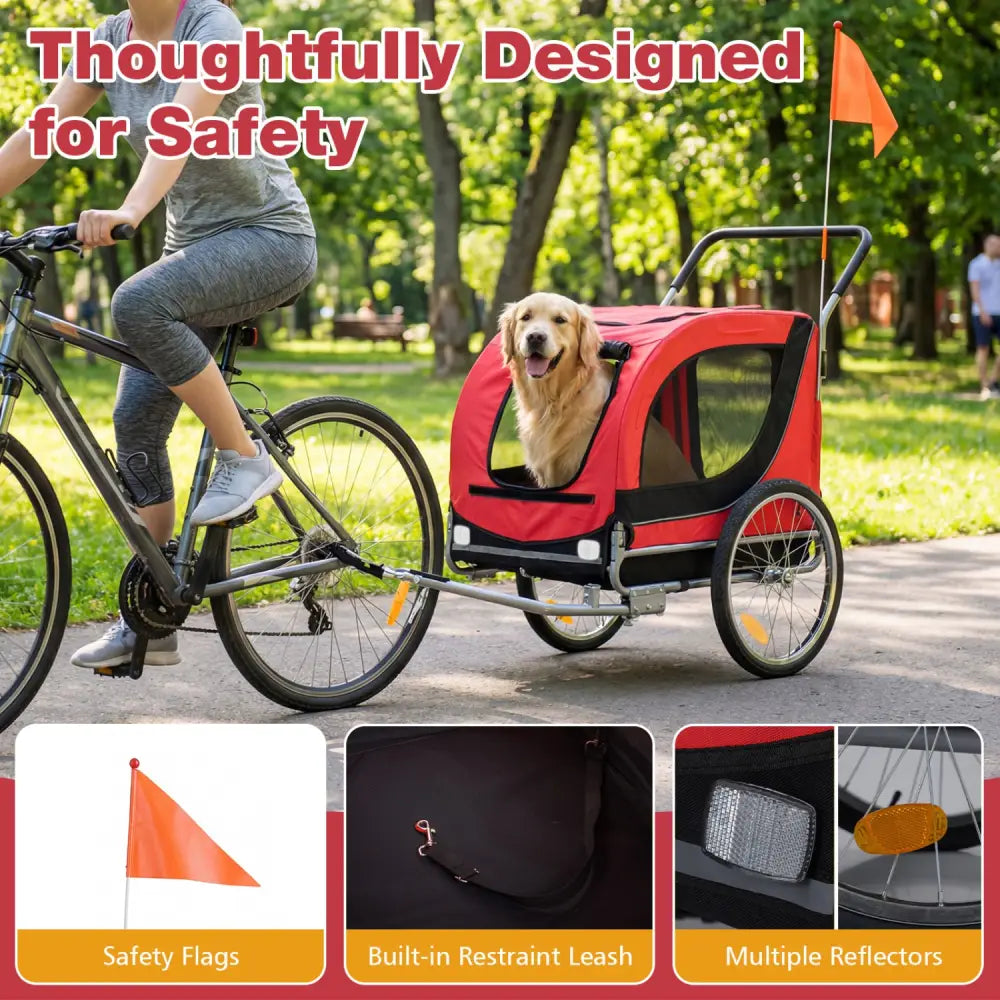 2-in-1 Dog Bike Trailer with Universal Bicycle Coupler-Red - Red - Dog Supplies