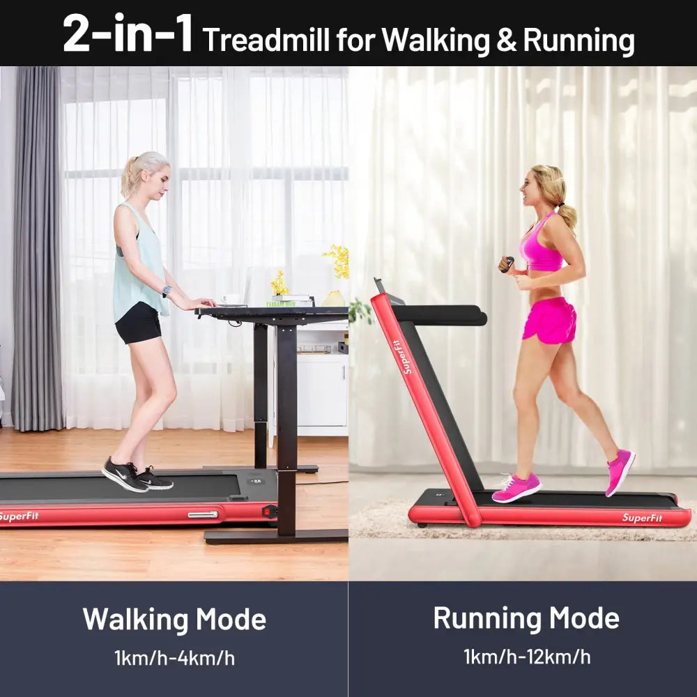 2-in-1 Electric Motorized Health and Fitness Folding Treadmill with Dual Display and Speaker-Red - Red - Treadmills