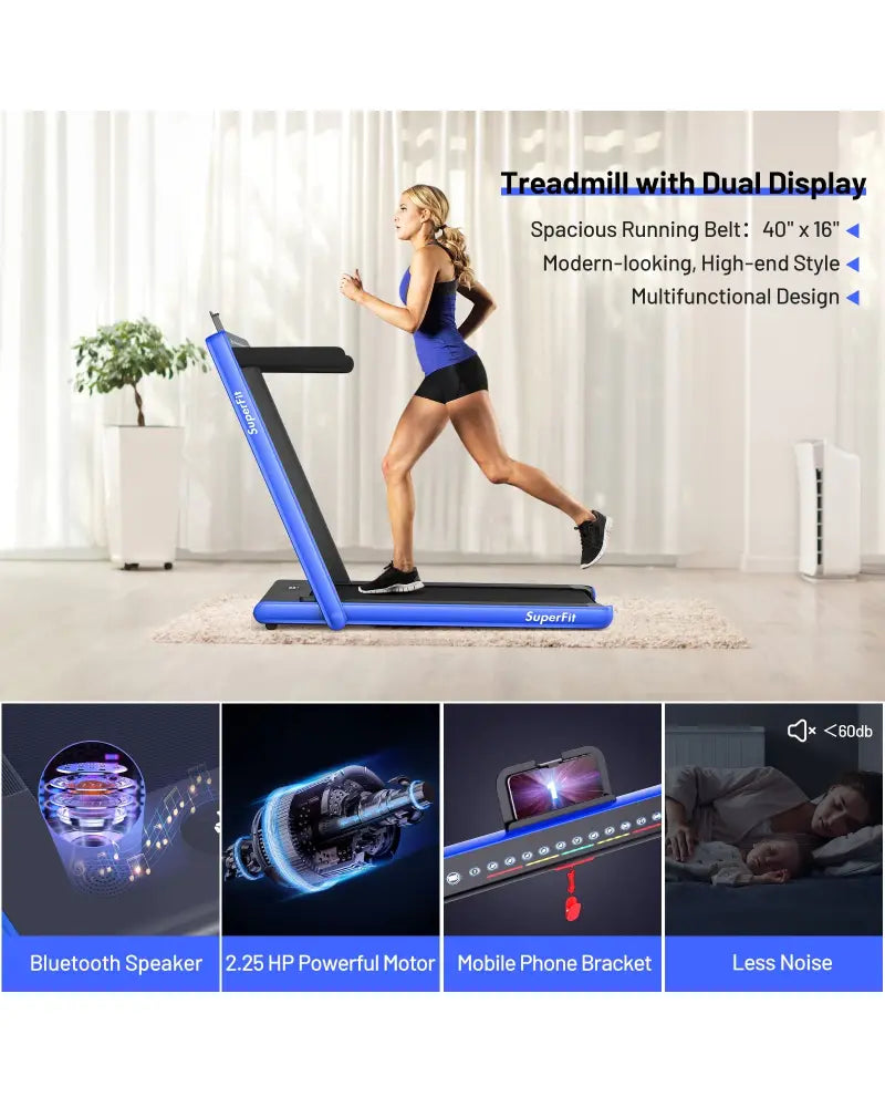 2-in-1 Electric Motorized Health and Fitness Folding Treadmill with Dual Display-Blue - Blue - Treadmills