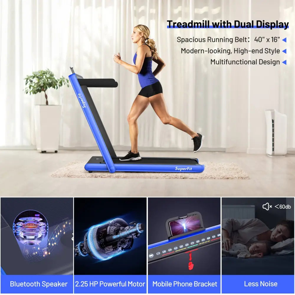 2-in-1 Electric Motorized Health and Fitness Folding Treadmill with Dual Display-Blue - Blue - Treadmills