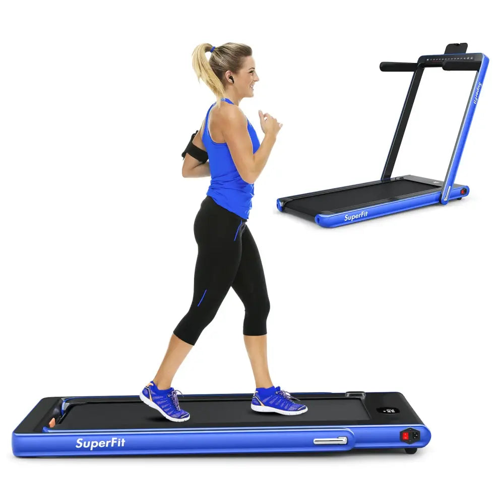 2-in-1 Electric Motorized Health and Fitness Folding Treadmill with Dual Display-Blue - Blue - Treadmills