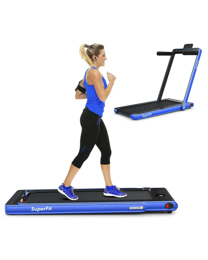 2-in-1 Electric Motorized Health and Fitness Folding Treadmill with Dual Display-Blue - Blue - Treadmills