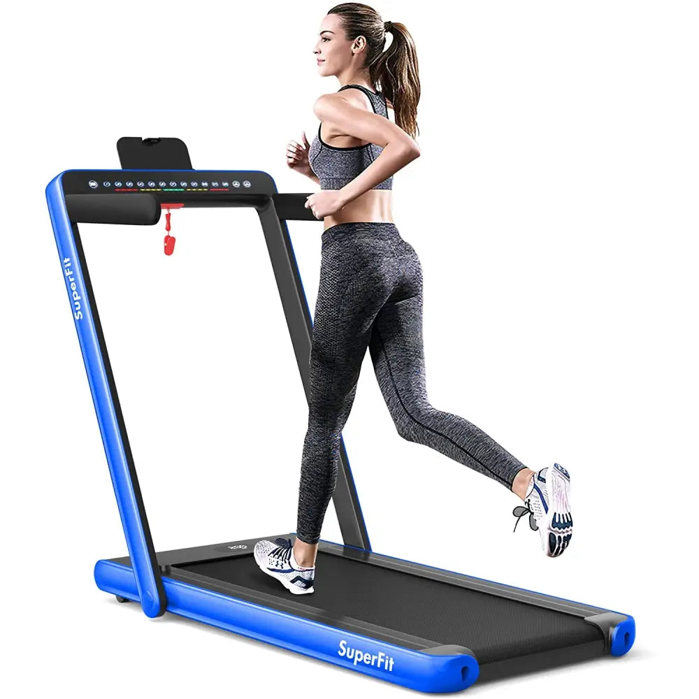 2-in-1 Electric Motorized Health and Fitness Folding Treadmill with Dual Display-Blue - Blue - Treadmills
