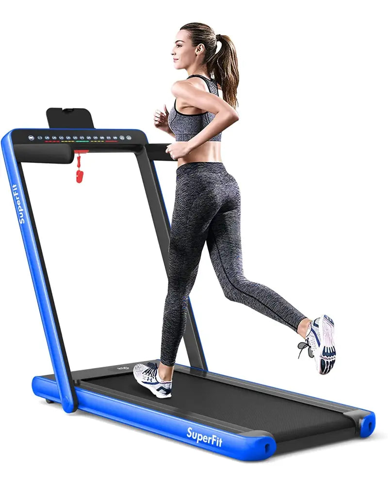 2-in-1 Electric Motorized Health and Fitness Folding Treadmill with Dual Display-Blue - Blue - Treadmills