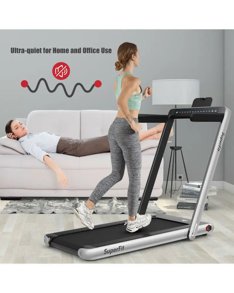 2-in-1 Electric Motorized Health and Fitness Folding Treadmill with Dual Display-Silver - Silver - Treadmills