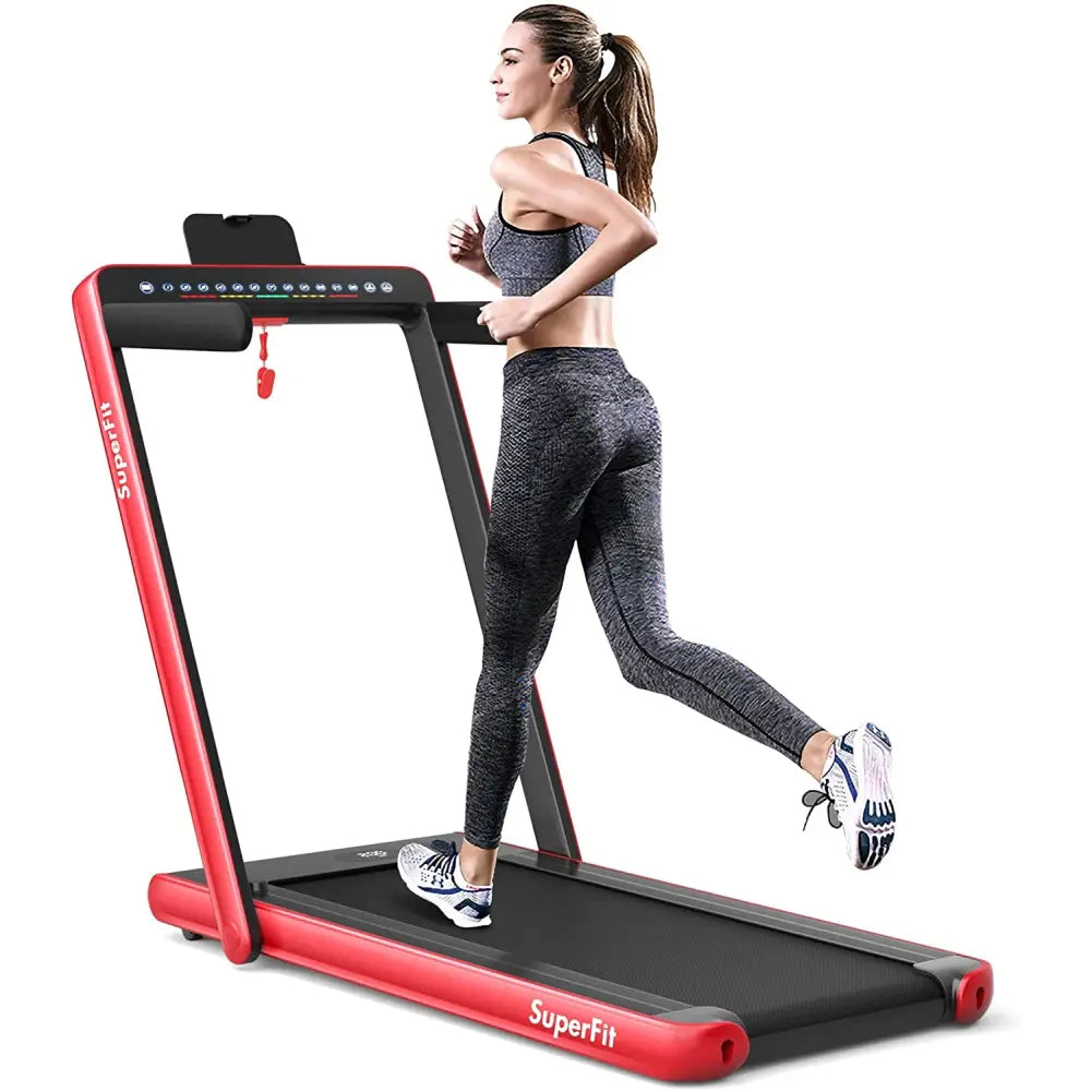 2-in-1 Electric Motorized Health and Fitness Folding Treadmill with Dual Display and Speaker-Red - Red - Treadmills
