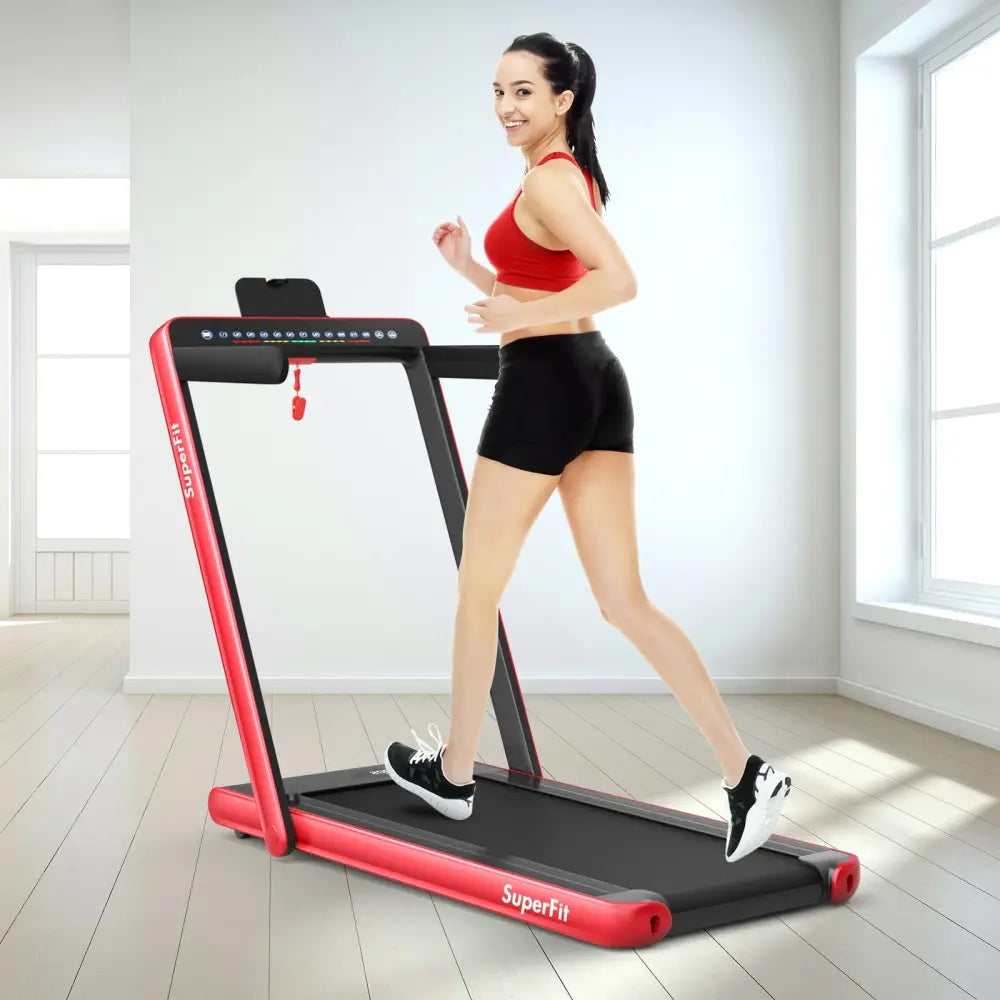 2-in-1 Electric Motorized Health and Fitness Folding Treadmill with Dual Display and Speaker-Red - Red - Treadmills