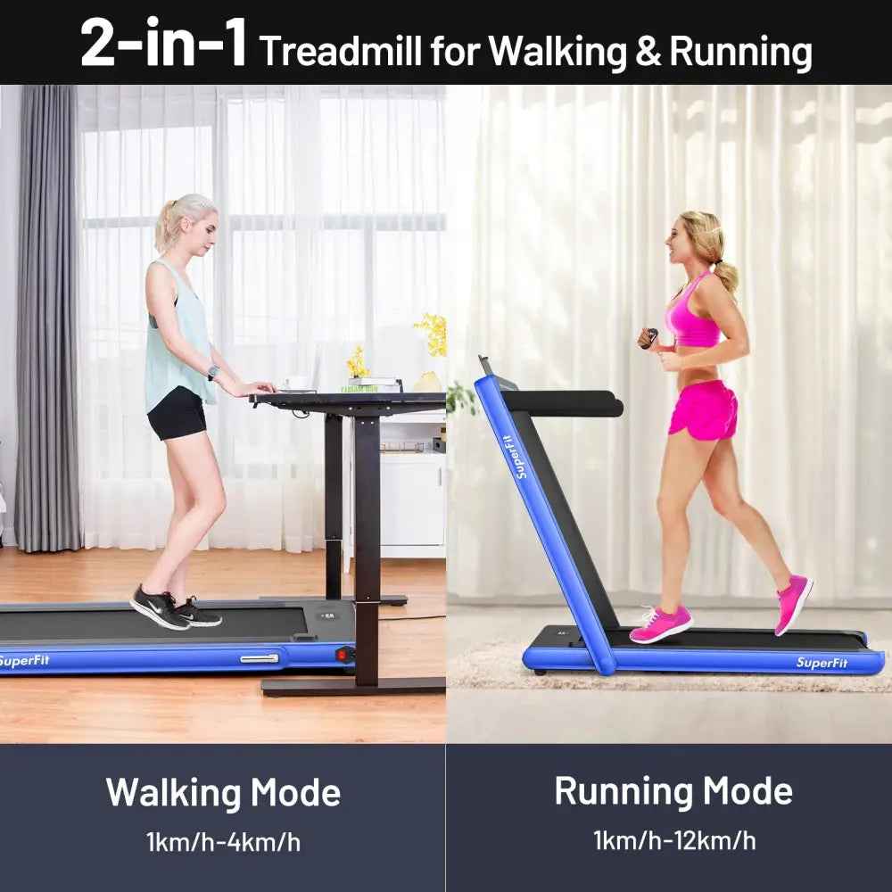 2-in-1 Electric Motorized Health and Fitness Folding Treadmill with Dual Display-Blue - Blue - Treadmills