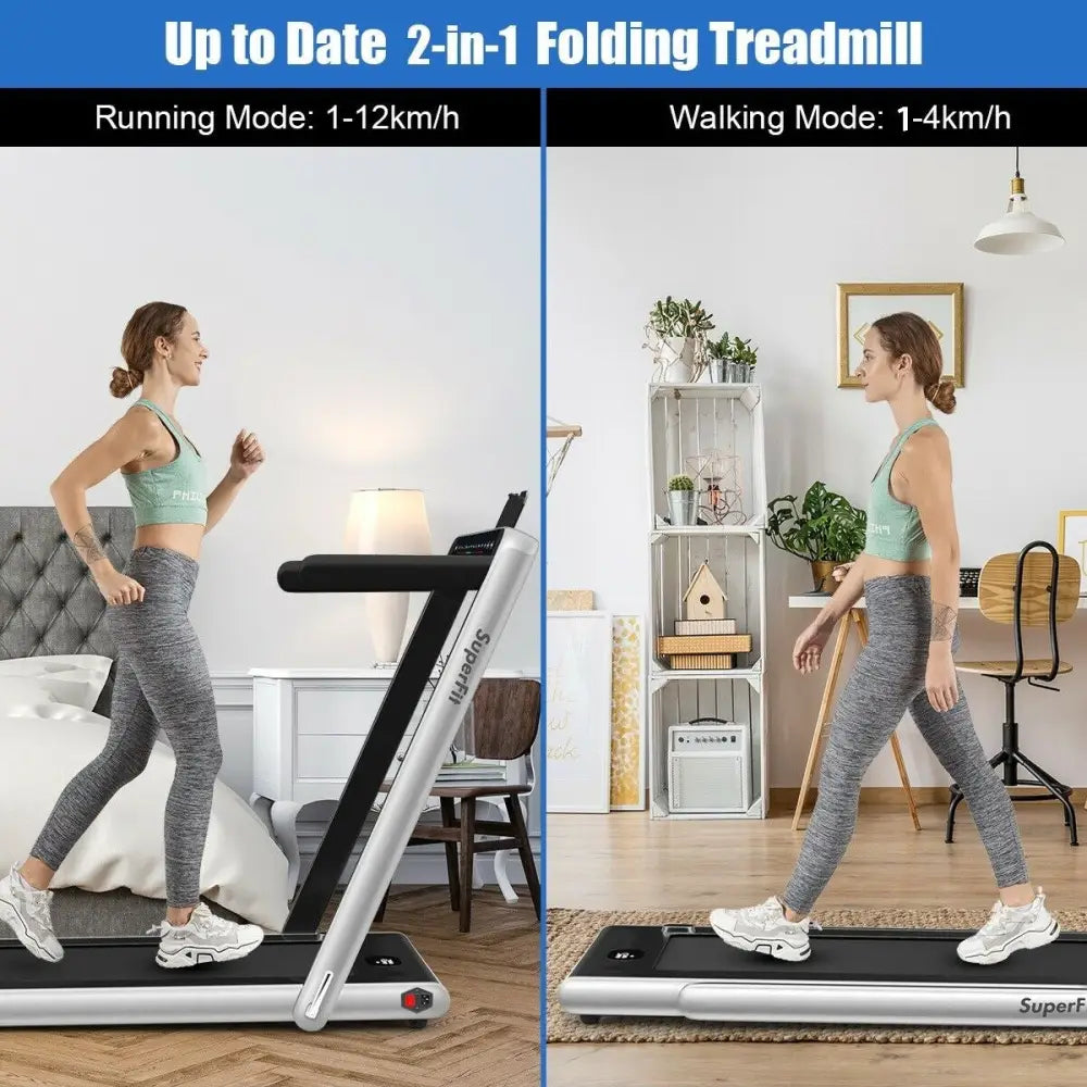 2-in-1 Electric Motorized Health and Fitness Folding Treadmill with Dual Display-Silver - Silver - Treadmills