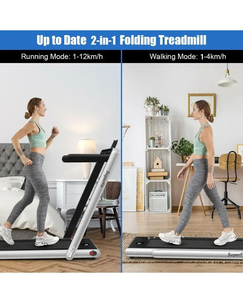 2-in-1 Electric Motorized Health and Fitness Folding Treadmill with Dual Display-Silver - Silver - Treadmills