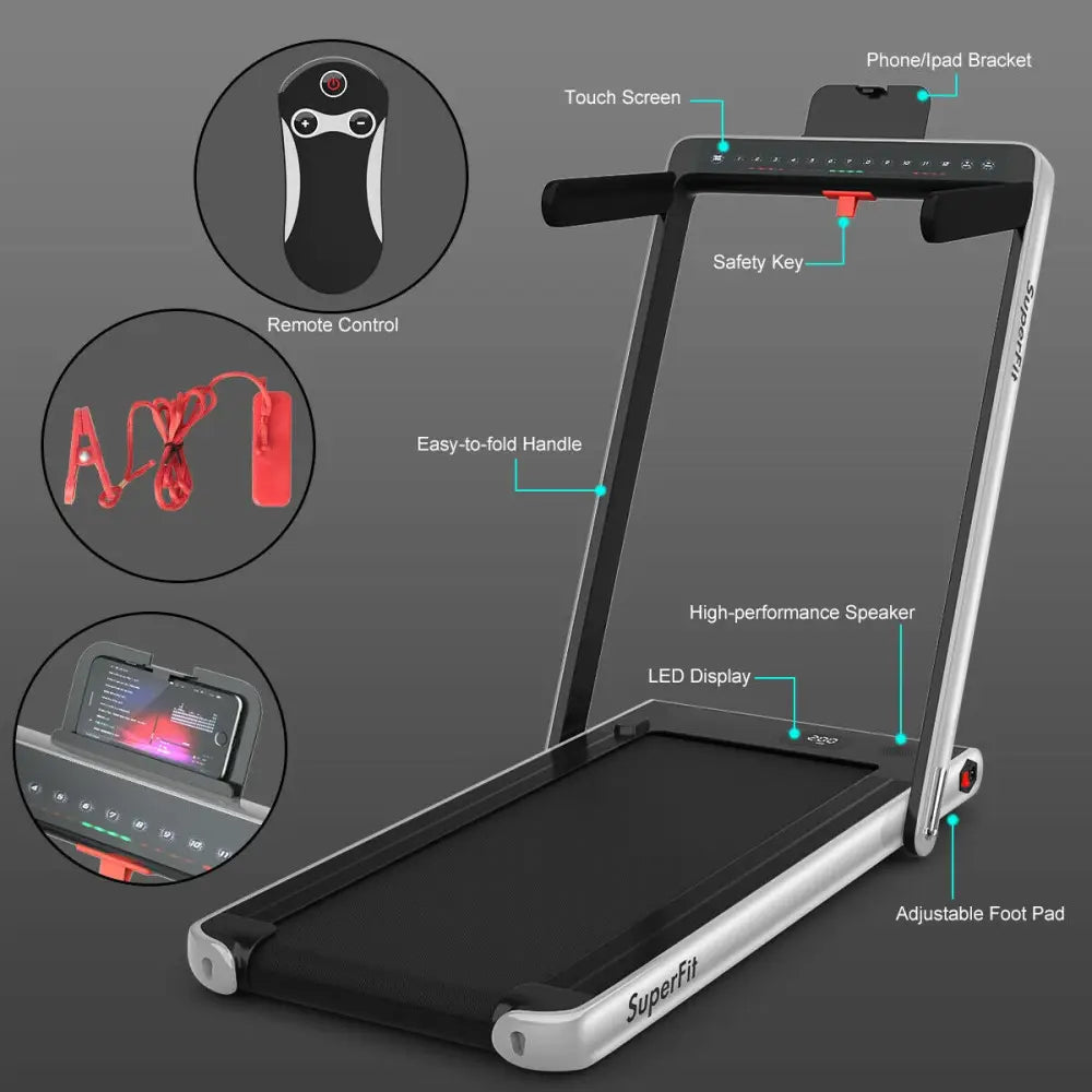 2-in-1 Electric Motorized Health and Fitness Folding Treadmill with Dual Display-Silver - Silver - Treadmills