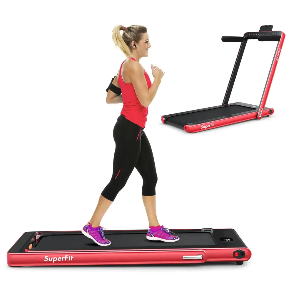 2-in-1 Electric Motorized Health and Fitness Folding Treadmill with Dual Display and Speaker-Red - Red - Treadmills