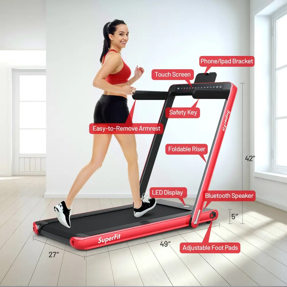 2-in-1 Electric Motorized Health and Fitness Folding Treadmill with Dual Display and Speaker-Red - Red - Treadmills