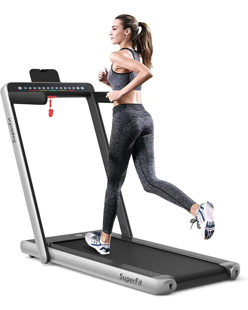 2-in-1 Electric Motorized Health and Fitness Folding Treadmill with Dual Display-Silver - Silver - Treadmills