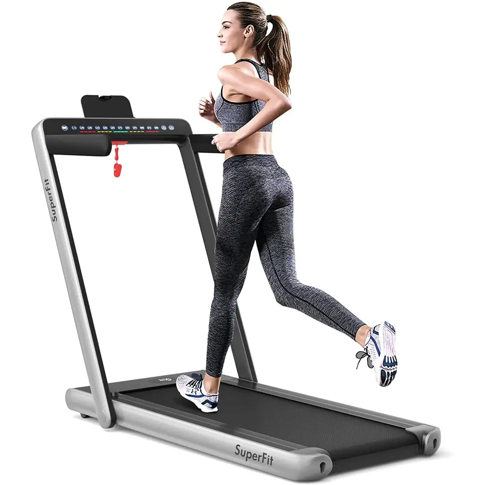 2-in-1 Electric Motorized Health and Fitness Folding Treadmill with Dual Display-Silver - Silver - Treadmills