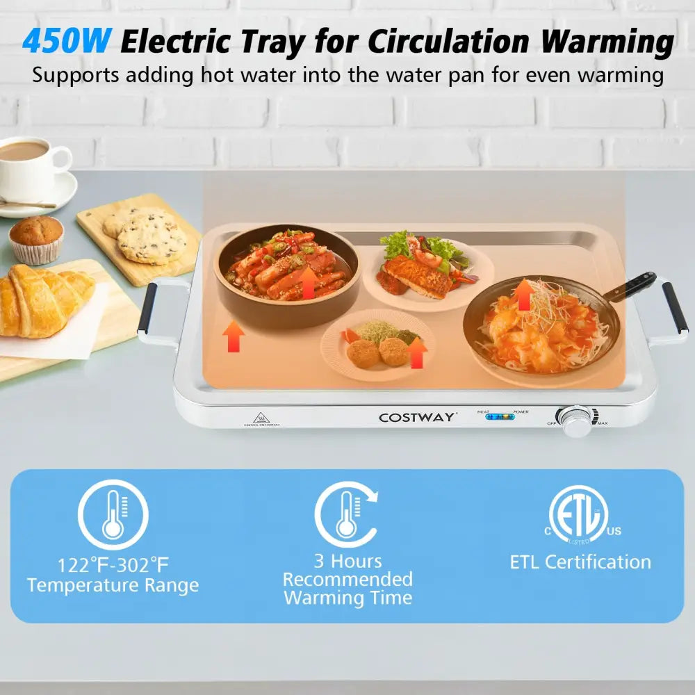 2 in 1 Electric Warming Tray with Temperature Control - Silver - Food Warmers & Burners
