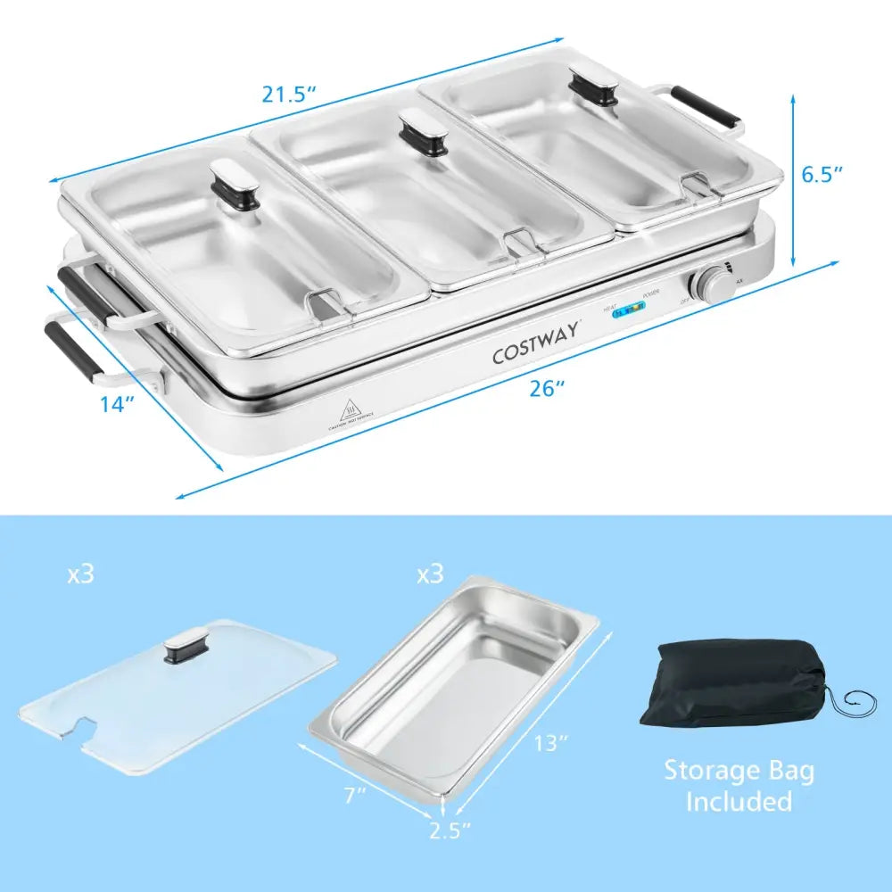 2 in 1 Electric Warming Tray with Temperature Control - Silver - Food Warmers & Burners