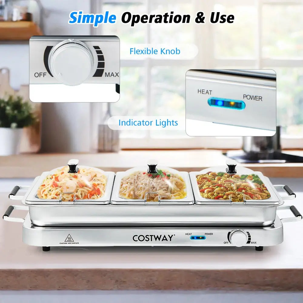 2 in 1 Electric Warming Tray with Temperature Control - Silver - Food Warmers & Burners