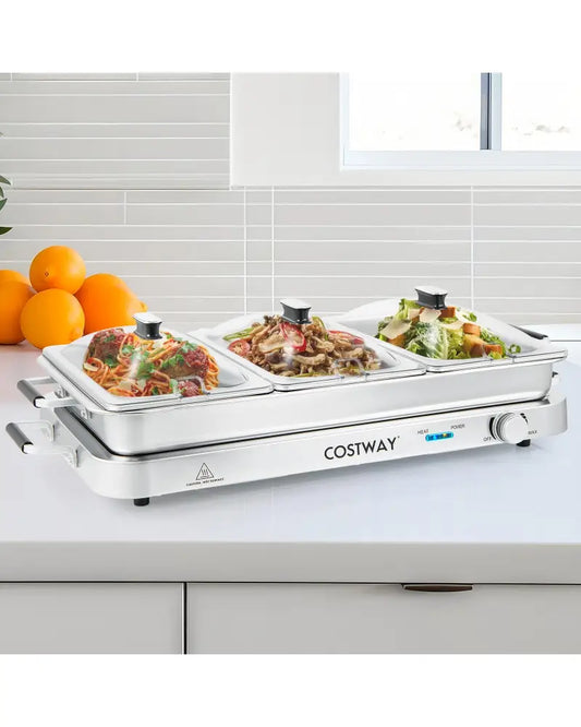 2 in 1 Electric Warming Tray with Temperature Control - Silver - Food Warmers & Burners