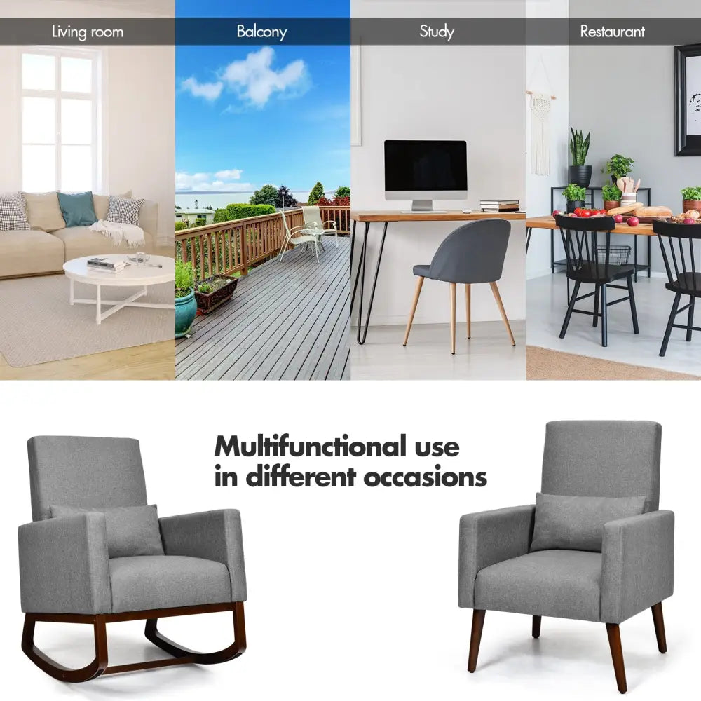 2-in-1 Fabric Upholstered Rocking Chair with Pillow-Gray - Gray - Accent Chairs