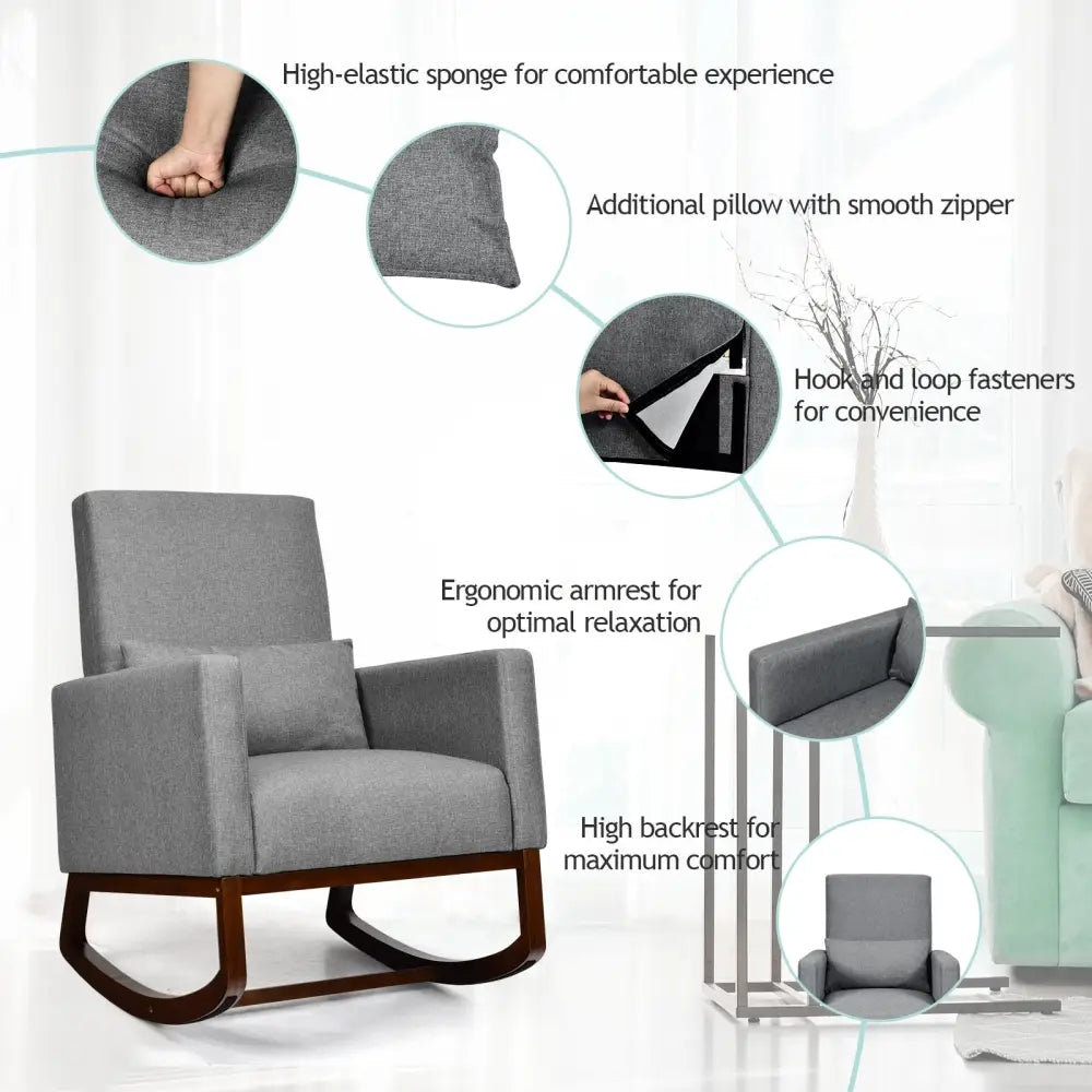 2-in-1 Fabric Upholstered Rocking Chair with Pillow-Gray - Gray - Accent Chairs