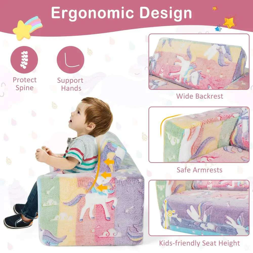 2-in-1 Flip Out Kids Sofa Chair with Detachable Flannel Fabric Cover and Glowing Patterns-Color - Color - Kids Chairs &