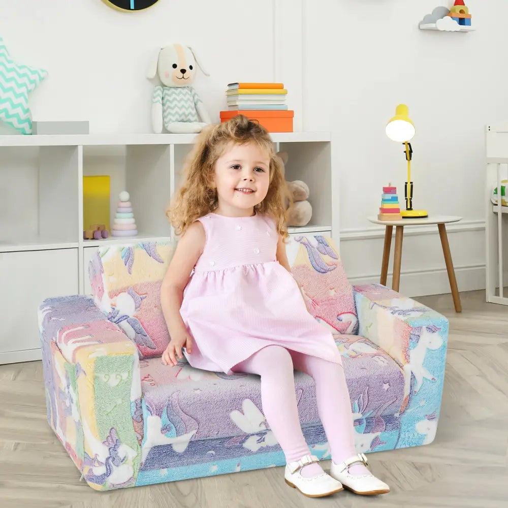 2-in-1 Flip Out Kids Sofa Chair with Detachable Flannel Fabric Cover and Glowing Patterns-Color - Color - Kids Chairs &