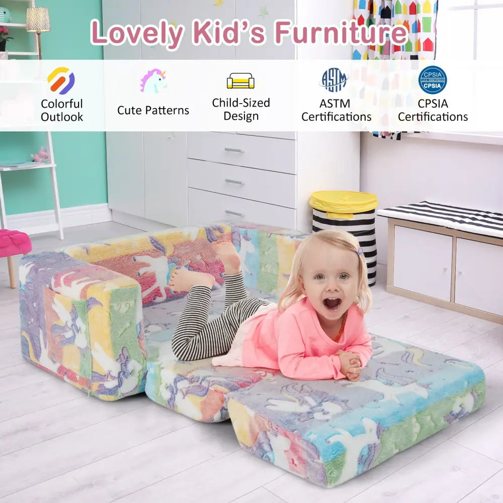 2-in-1 Flip Out Kids Sofa Chair with Detachable Flannel Fabric Cover and Glowing Patterns-Color - Color - Kids Chairs &