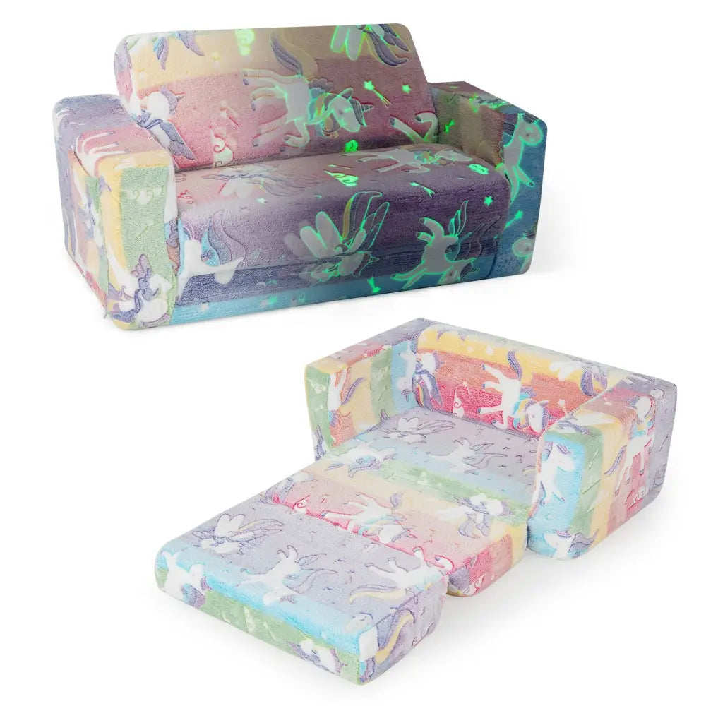 2-in-1 Flip Out Kids Sofa Chair with Detachable Flannel Fabric Cover and Glowing Patterns-Color - Color - Kids Chairs &